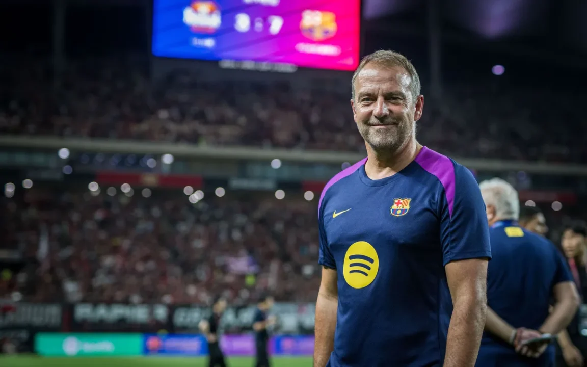 Hans-Dieter Flick posa con la camiseta de renovación del Barcelona hasta 2028