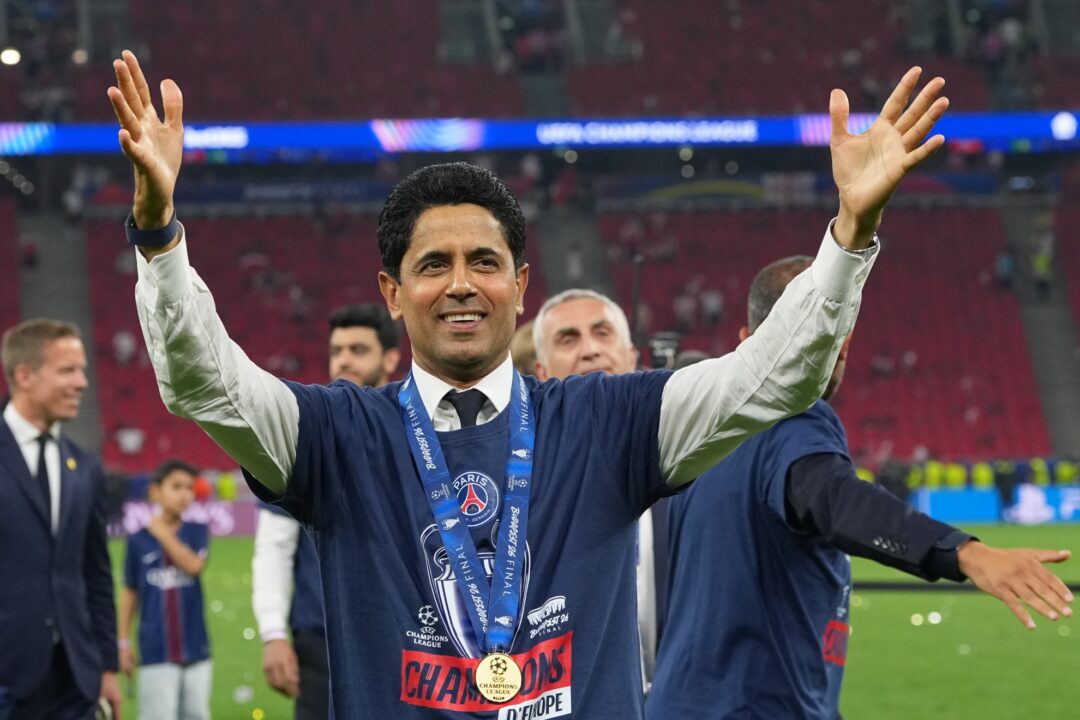 Nasser Al Khelaifi celebra el título de Champions League del PSG