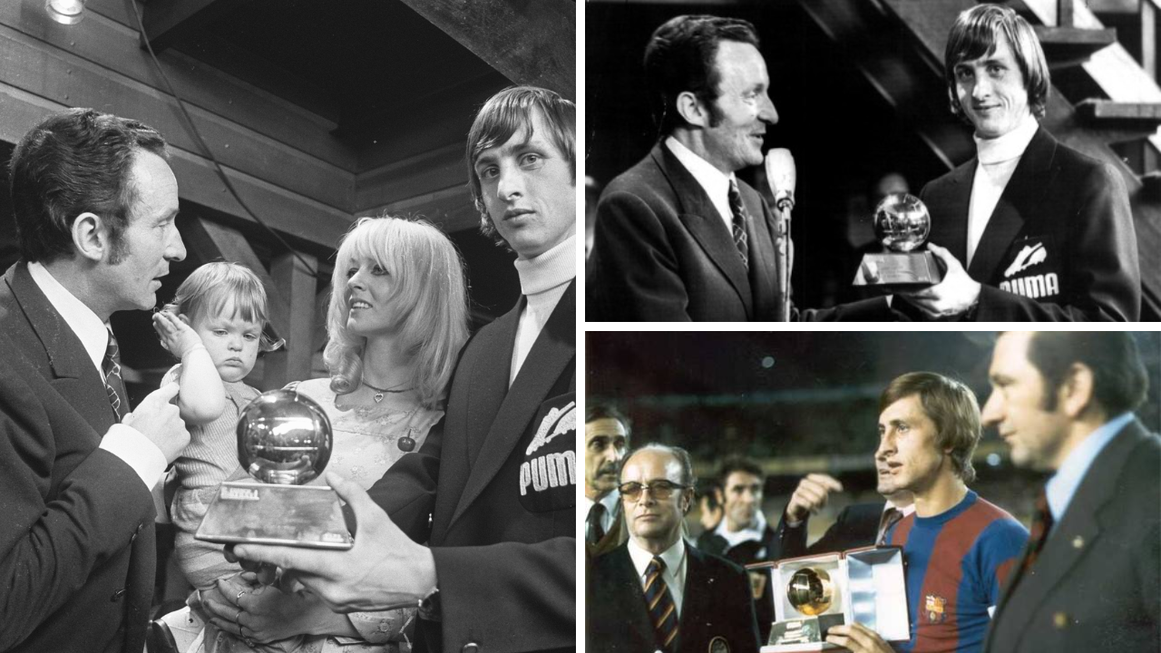 Johan Cruyff sostiene el Balón de Oro con el Barcelona